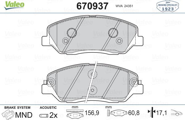 Valeo 670937 - Гальмівні колодки, дискові гальма autozip.com.ua