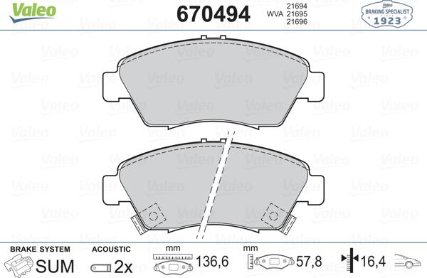 VALEO 670494 - Гальмівні колодки, дискові гальма autozip.com.ua