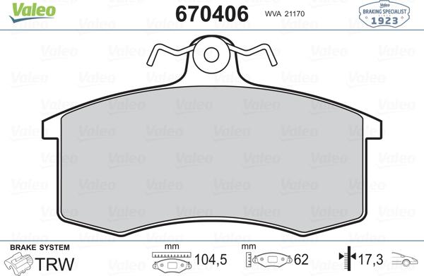 Valeo 670406 - Гальмівні колодки, дискові гальма autozip.com.ua