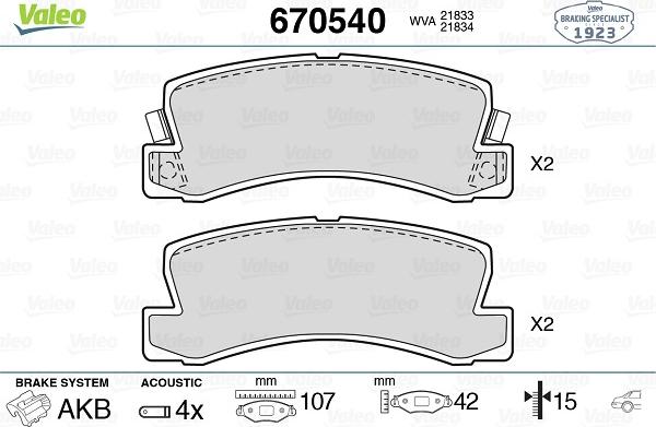 VALEO 670540 - Гальмівні колодки, дискові гальма autozip.com.ua