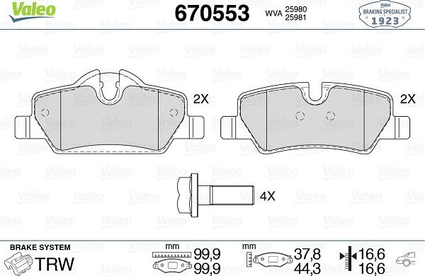 Valeo 670553 - Гальмівні колодки, дискові гальма autozip.com.ua