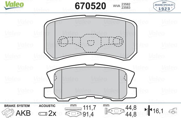 Valeo 670520 - Гальмівні колодки, дискові гальма autozip.com.ua