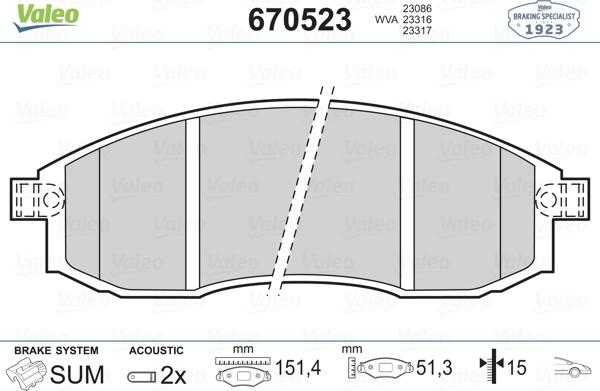 Valeo 670523 - Гальмівні колодки, дискові гальма autozip.com.ua