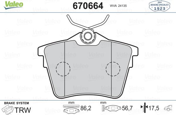 Valeo 670664 - Гальмівні колодки, дискові гальма autozip.com.ua