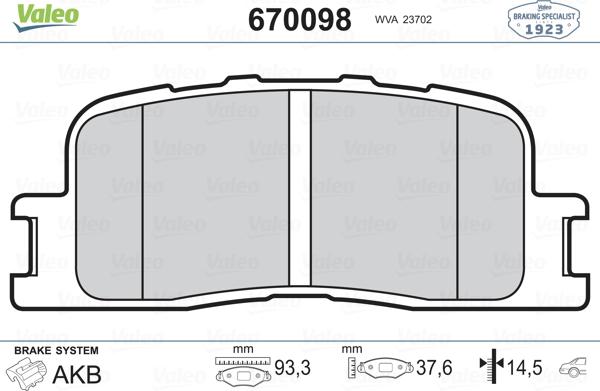 VALEO 670098 - Гальмівні колодки, дискові гальма autozip.com.ua
