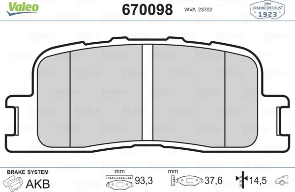 Valeo 670098 - Гальмівні колодки, дискові гальма autozip.com.ua