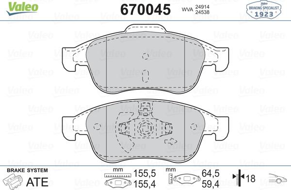 VALEO 670045 - Гальмівні колодки, дискові гальма autozip.com.ua