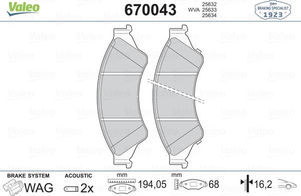 Valeo 670043 - Гальмівні колодки, дискові гальма autozip.com.ua