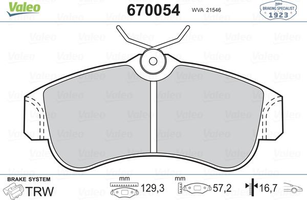 VALEO 670054 - Гальмівні колодки, дискові гальма autozip.com.ua