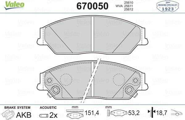 Valeo 670050 - Гальмівні колодки, дискові гальма autozip.com.ua