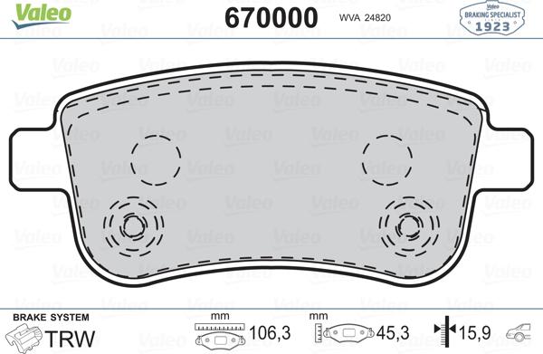 Valeo 670000 - Гальмівні колодки, дискові гальма autozip.com.ua