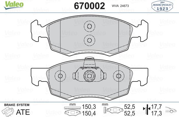 Valeo 670002 - Гальмівні колодки, дискові гальма autozip.com.ua