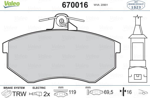 Valeo 670016 - Гальмівні колодки, дискові гальма autozip.com.ua