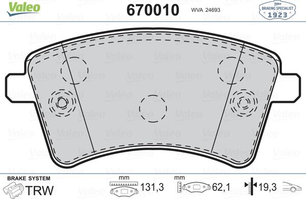 Valeo 670010 - Гальмівні колодки, дискові гальма autozip.com.ua