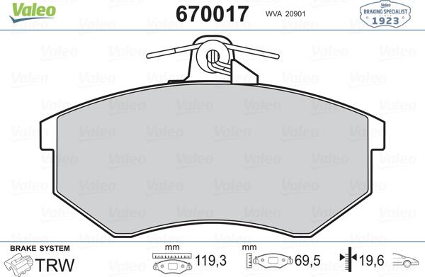 VALEO 670017 - Гальмівні колодки, дискові гальма autozip.com.ua
