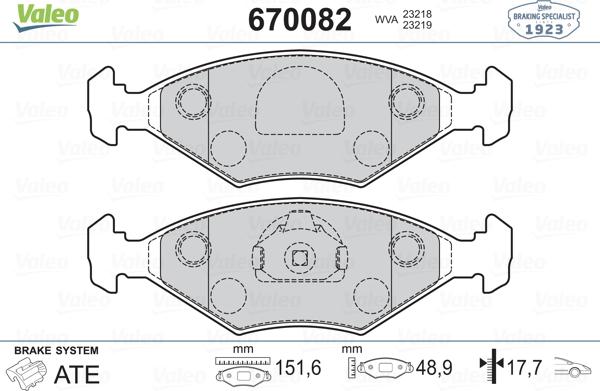 Valeo 670082 - Гальмівні колодки, дискові гальма autozip.com.ua