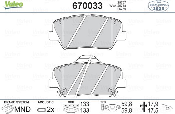 Valeo 670033 - Гальмівні колодки, дискові гальма autozip.com.ua