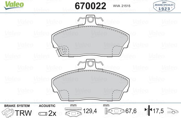 Valeo 670022 - Гальмівні колодки, дискові гальма autozip.com.ua