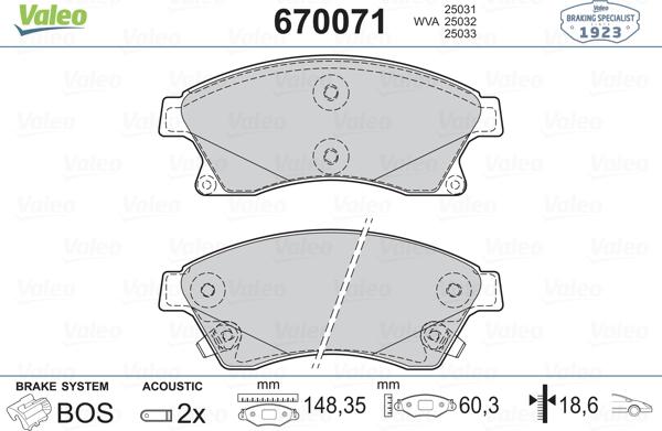 Valeo 670071 - Гальмівні колодки, дискові гальма autozip.com.ua