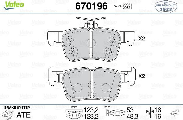 VALEO 670196 - Гальмівні колодки, дискові гальма autozip.com.ua