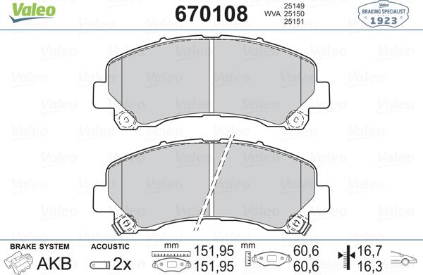 Valeo 670108 - Гальмівні колодки, дискові гальма autozip.com.ua