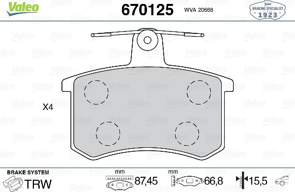 VALEO 670125 - Гальмівні колодки, дискові гальма autozip.com.ua