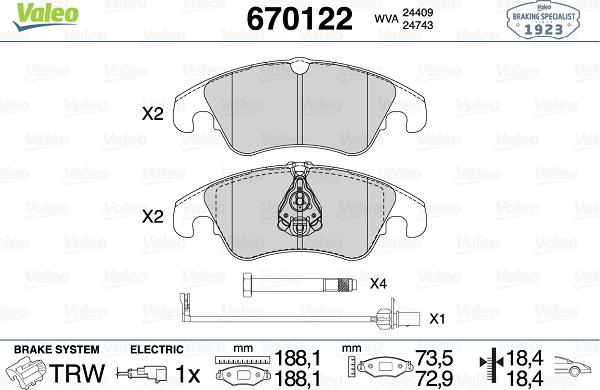 VALEO 670122 - Гальмівні колодки, дискові гальма autozip.com.ua