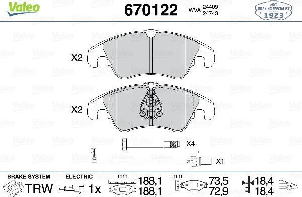 VALEO 670122 - Гальмівні колодки, дискові гальма autozip.com.ua