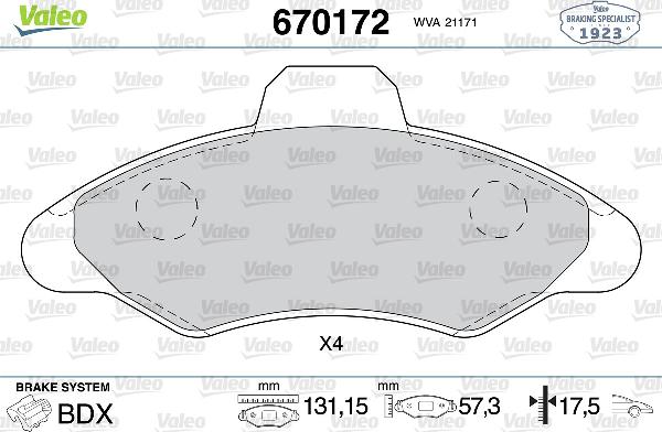 VALEO 670172 - Гальмівні колодки, дискові гальма autozip.com.ua