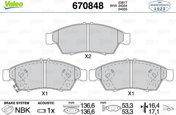 Valeo 670848 - Гальмівні колодки, дискові гальма autozip.com.ua