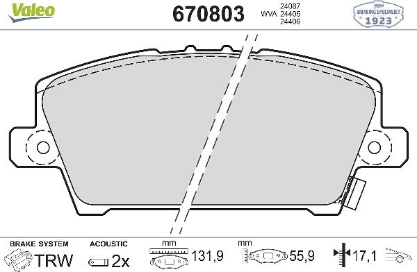 VALEO 670803 - Гальмівні колодки, дискові гальма autozip.com.ua