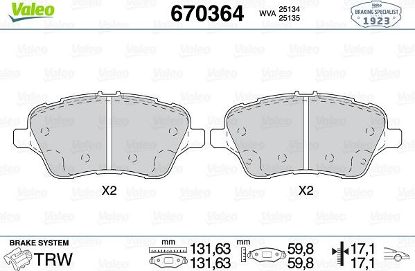 Valeo 670364 - Гальмівні колодки, дискові гальма autozip.com.ua