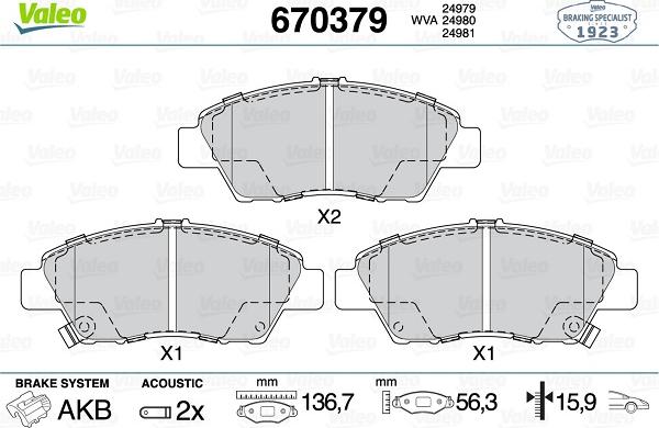 Valeo 670379 - Гальмівні колодки, дискові гальма autozip.com.ua