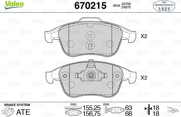 Valeo 670215 - Гальмівні колодки, дискові гальма autozip.com.ua