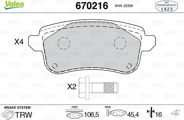 Valeo 670216 - Гальмівні колодки, дискові гальма autozip.com.ua