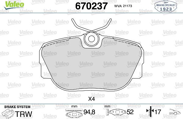 VALEO 670237 - Гальмівні колодки, дискові гальма autozip.com.ua
