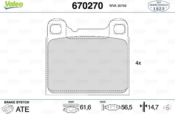 VALEO 670270 - Гальмівні колодки, дискові гальма autozip.com.ua