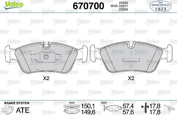 VALEO 670700 - Гальмівні колодки, дискові гальма autozip.com.ua