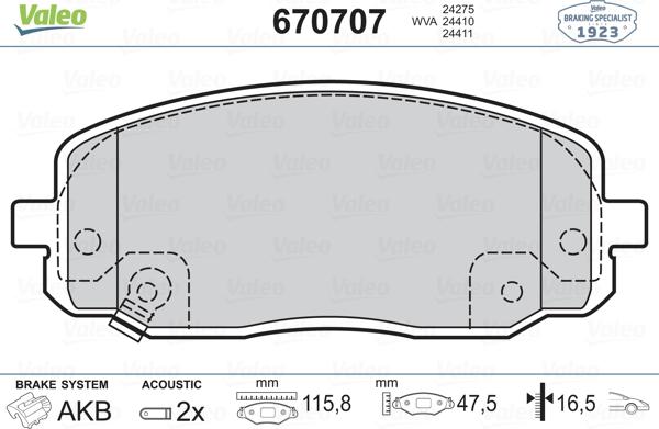 Valeo 670707 - Гальмівні колодки, дискові гальма autozip.com.ua