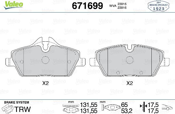 VALEO 671699 - Гальмівні колодки, дискові гальма autozip.com.ua