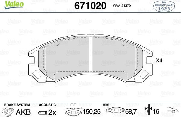 Valeo 671020 - Гальмівні колодки, дискові гальма autozip.com.ua