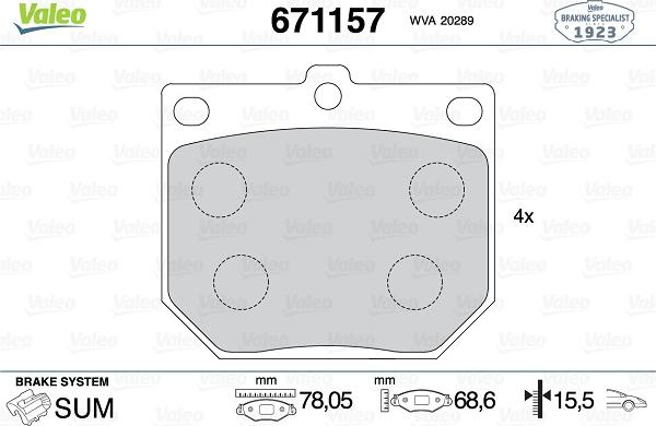 Valeo 671157 - Гальмівні колодки, дискові гальма autozip.com.ua