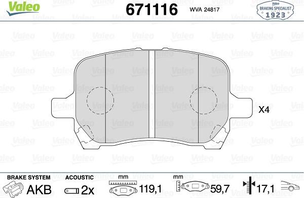 Valeo 671116 - Гальмівні колодки, дискові гальма autozip.com.ua