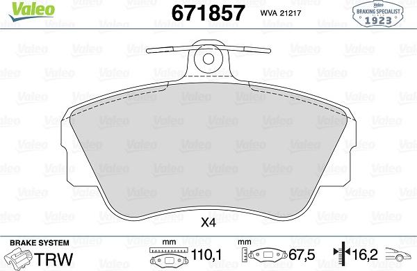 Valeo 671857 - Гальмівні колодки, дискові гальма autozip.com.ua