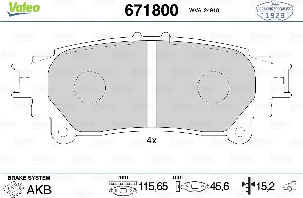 VALEO 671800 - Гальмівні колодки, дискові гальма autozip.com.ua