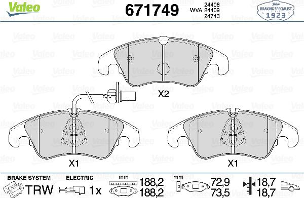VALEO 671749 - Гальмівні колодки, дискові гальма autozip.com.ua