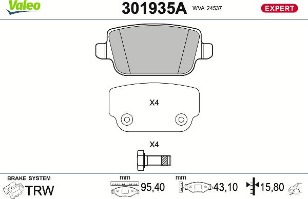 VALEO 301935A - Гальмівні колодки, дискові гальма autozip.com.ua