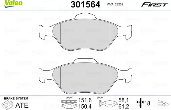 VALEO 301564 - Гальмівні колодки, дискові гальма autozip.com.ua