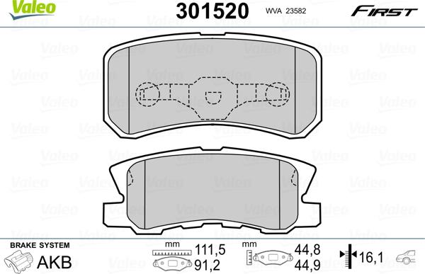 Valeo 301520 - Гальмівні колодки, дискові гальма autozip.com.ua