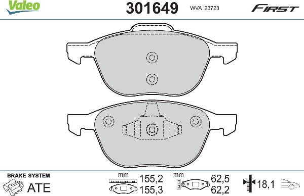 VALEO 301649 - Гальмівні колодки, дискові гальма autozip.com.ua
